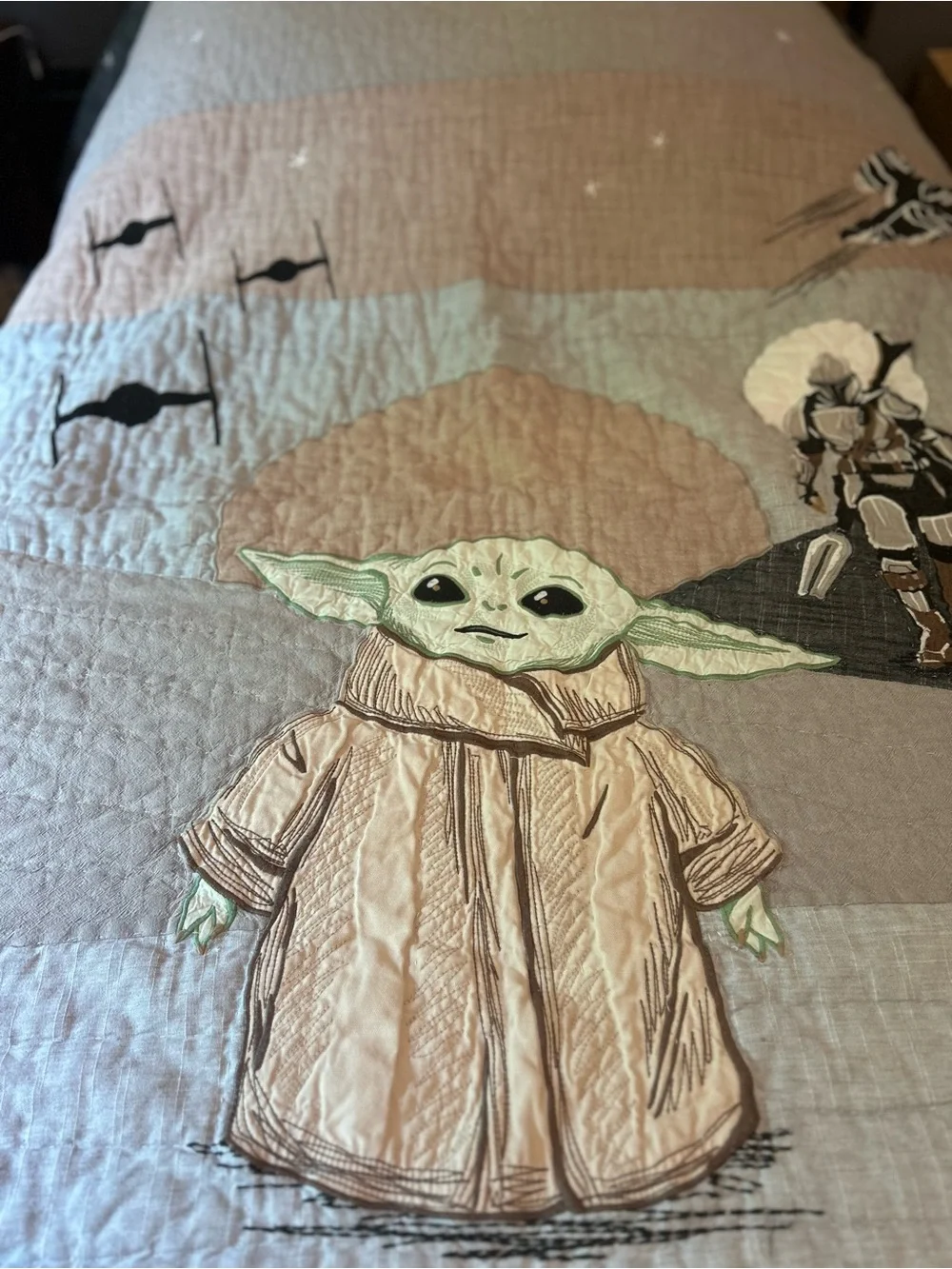Pottery Barn Kids Star Wars Grogu Quilted Bedding in Green, Tan, Gray